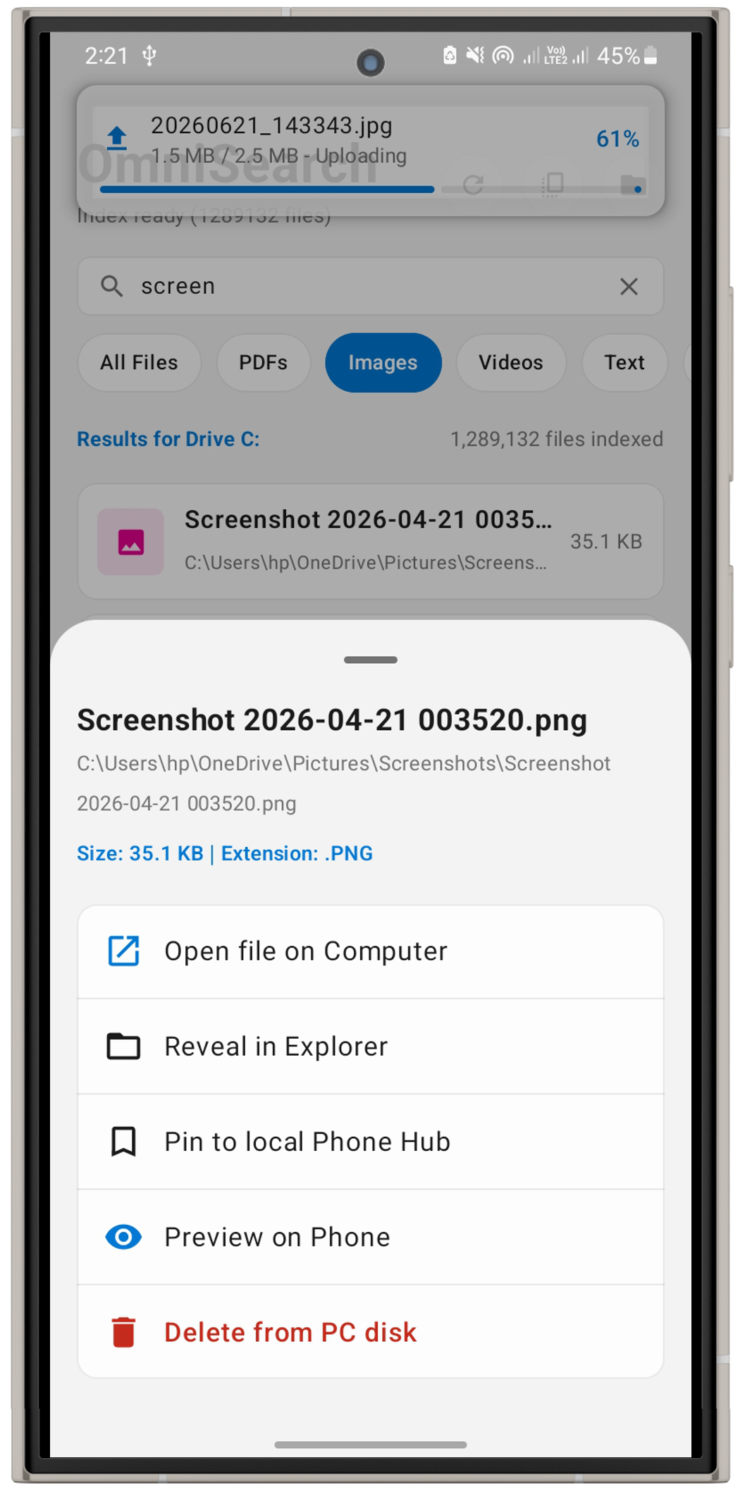 OmniSearch Android dashboard
