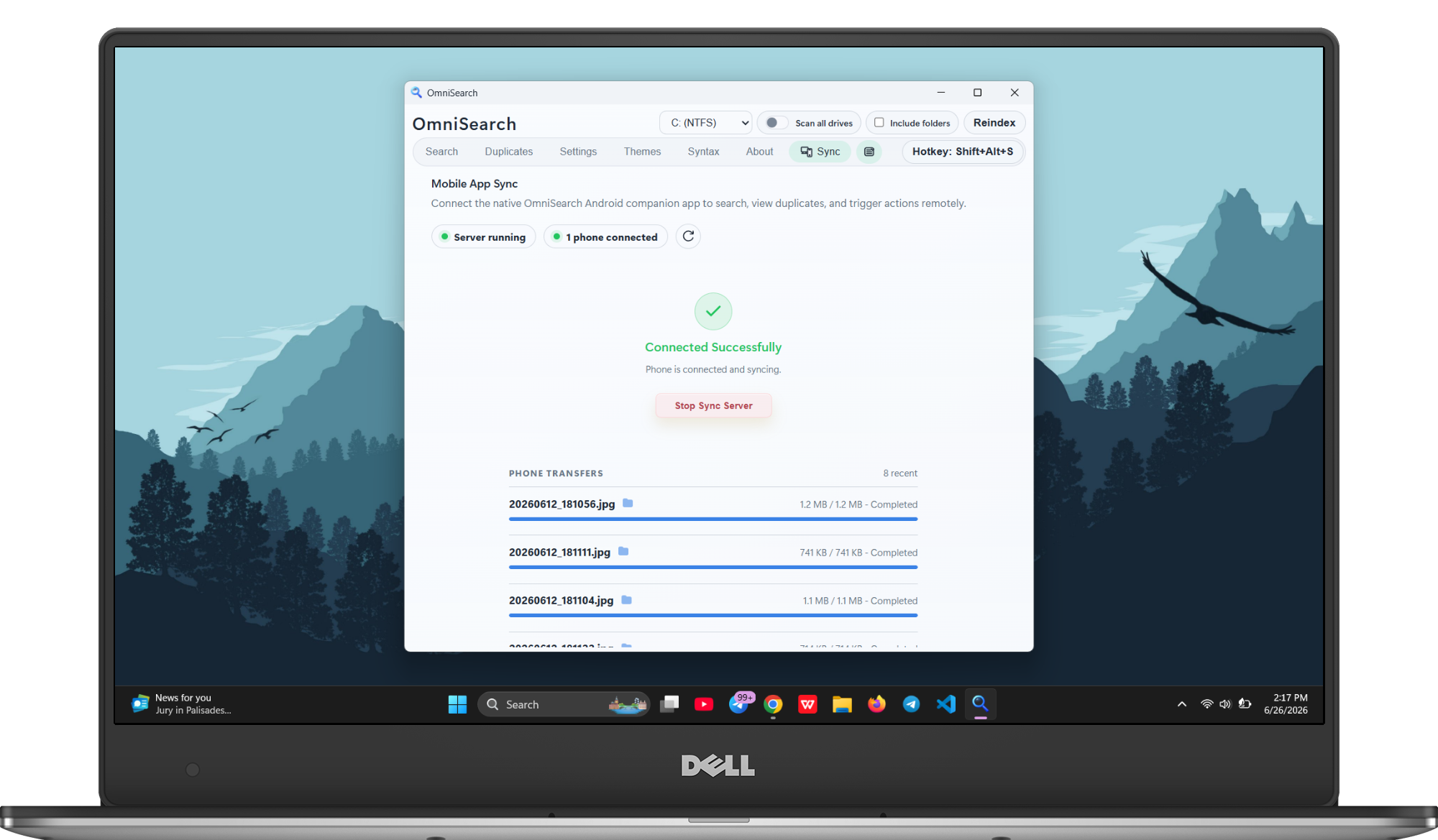 OmniSearch desktop Android sync pairing screen