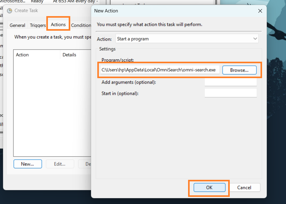 Task Scheduler Actions tab with OmniSearch executable selected