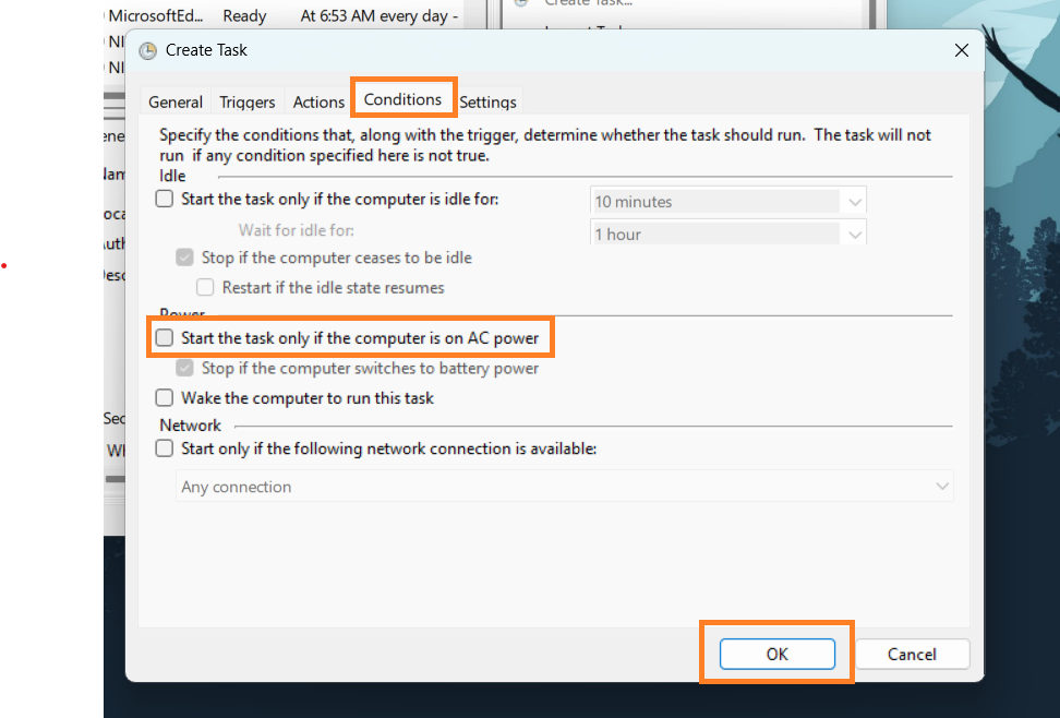 Task Scheduler Conditions tab with AC power unchecked