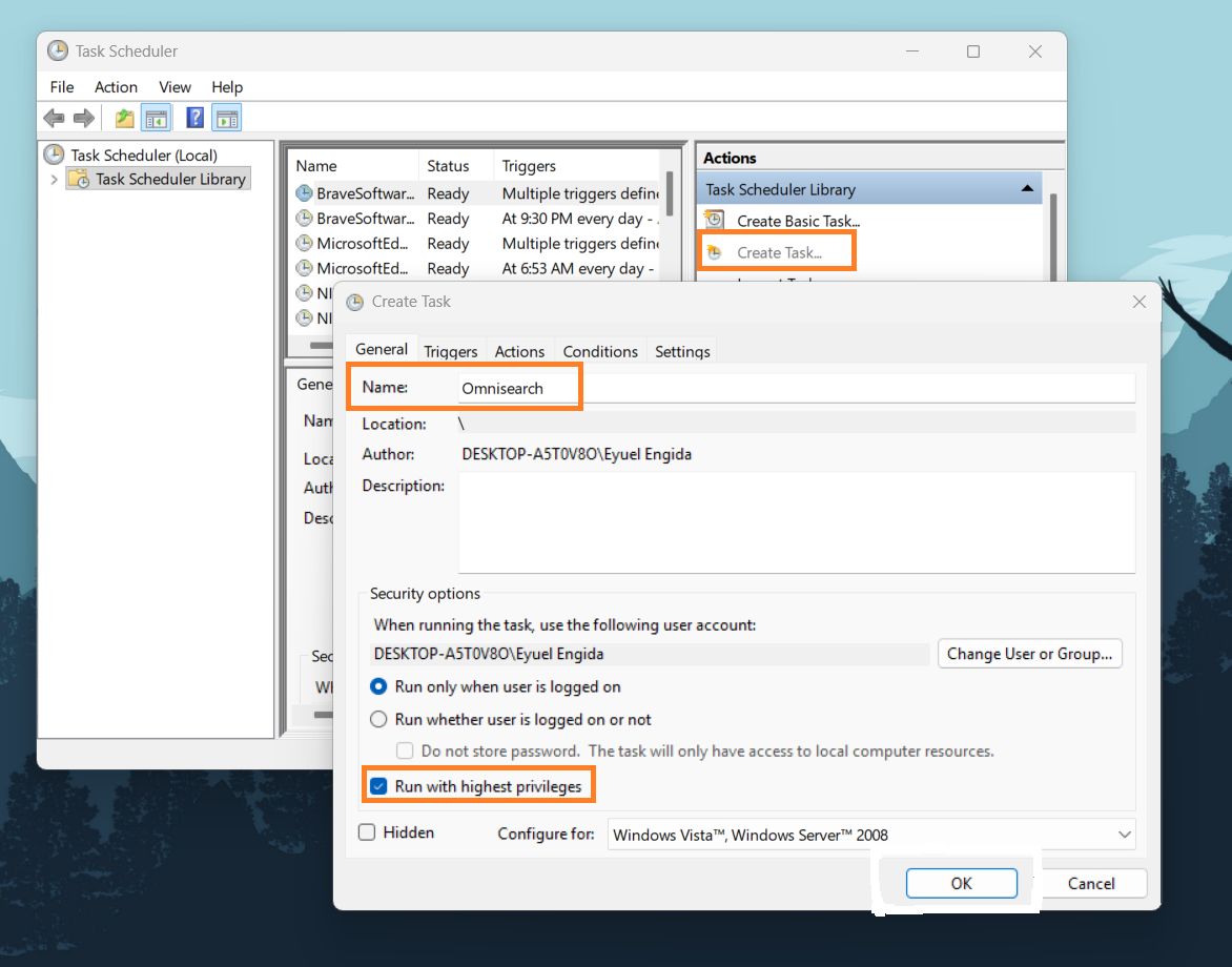 Task Scheduler General tab with Run with highest privileges checked