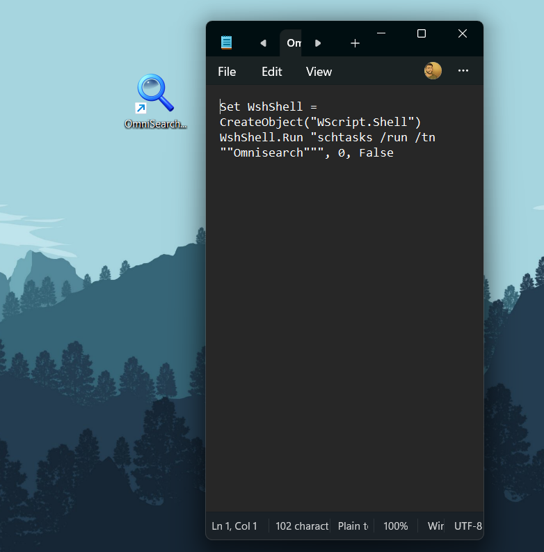 VBS script file for silent OmniSearch launch